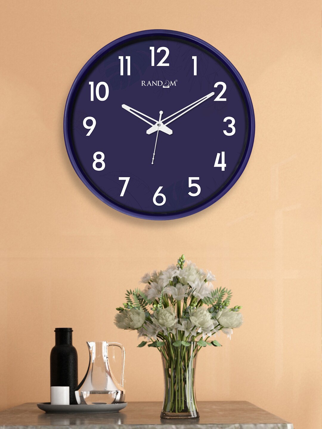 

RANDOM Navy Blue & White 12-Inch Dual Frame Printed Leaves Wall Clock With Glass