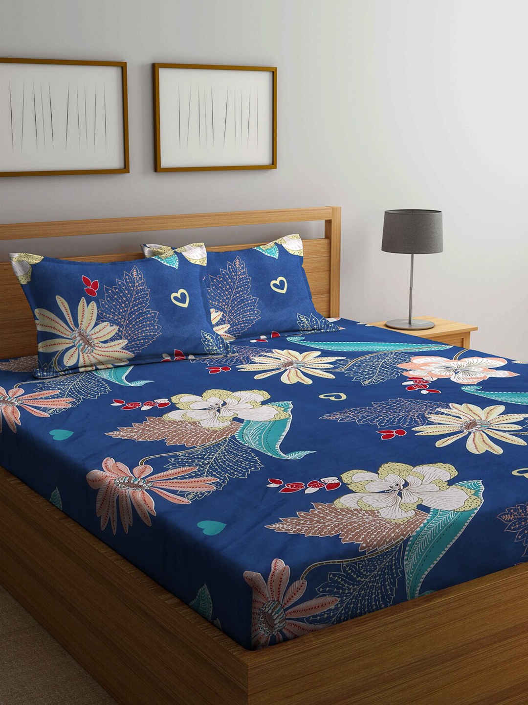 

Arrabi Blue & Red Floral 300 TC King Bedsheet with 2 Pillow Covers