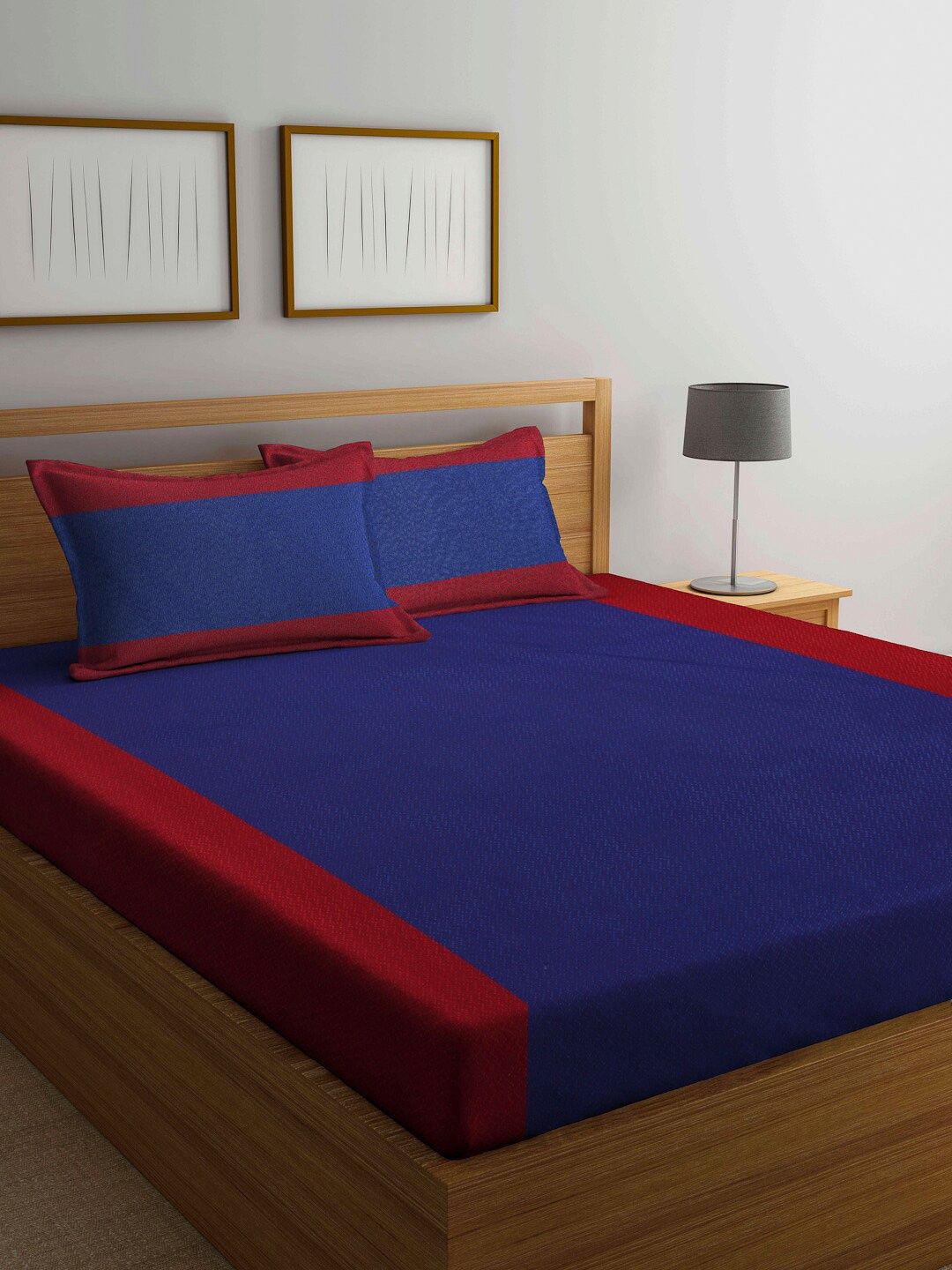 

Arrabi Red & Navy Blue Striped Handwoven 300 TC Double King Bedsheet with 2 Pillow Covers