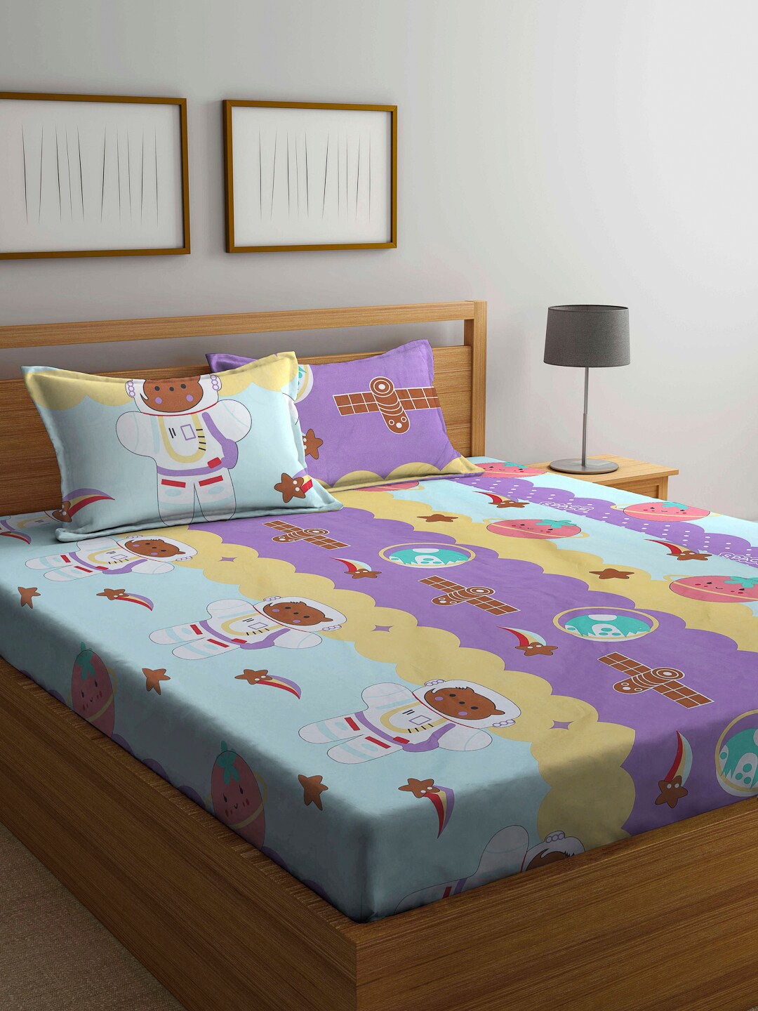 

Arrabi Blue & Purple Cartoon Characters 300 TC King Bedsheet with 2 Pillow Covers