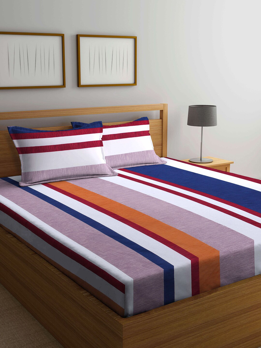 

Arrabi Multi Color Striped 300 TC Double King Bedsheet with 2 Pillow Covers