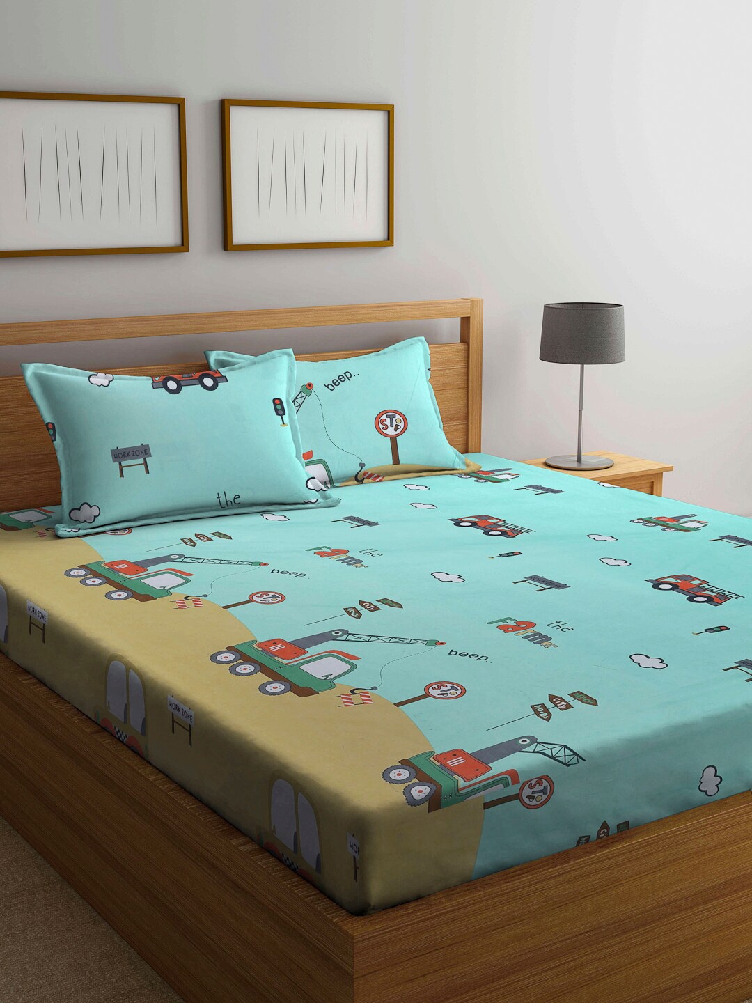 

Arrabi Green & Beige Cartoon Characters 300 TC King Bedsheet with 2 Pillow Covers