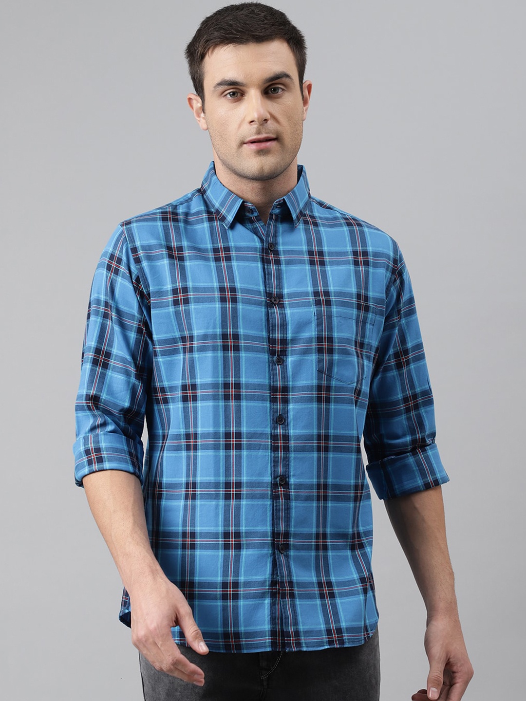 

Dennis Lingo Men Blue Comfort Slim Fit Tartan Checks Checked Casual Shirt