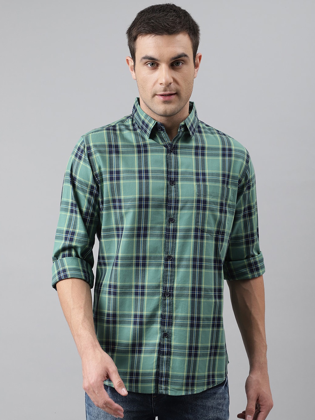 

Dennis Lingo Men Green & Blue Comfort Slim Fit Checked Pure Cotton Casual Shirt