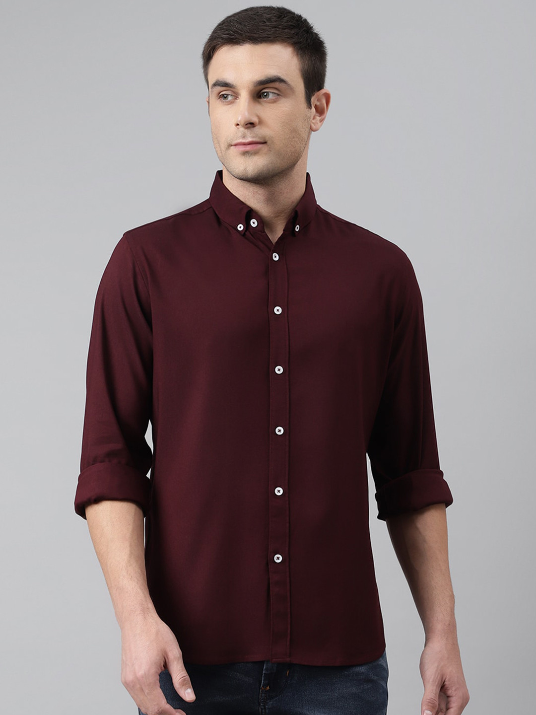 

Dennis Lingo Men Burgundy Comfort Slim Fit Casual Shirt