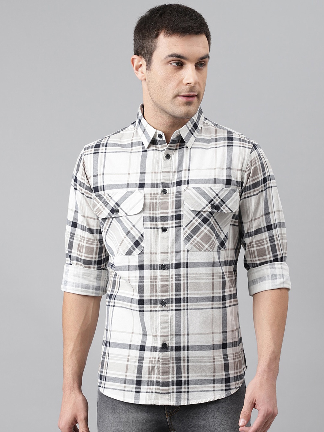 

Dennis Lingo Men White & Grey Comfort Slim Fit Tartan Checked Casual Shirt