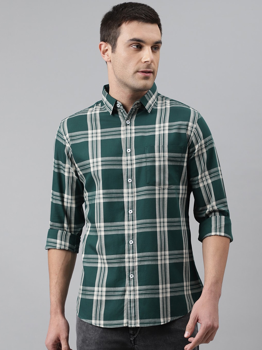

Dennis Lingo Men Green & White Comfort Slim Fit Checked Pure Cotton Casual Shirt