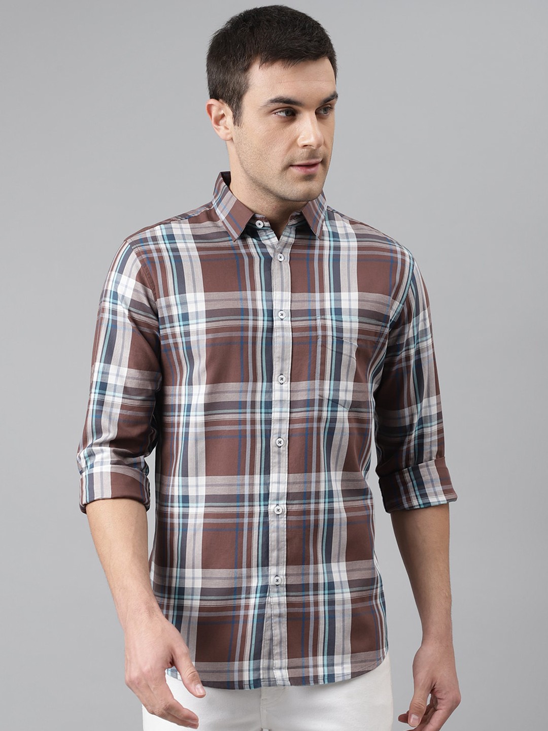 

Dennis Lingo Men Brown Comfort Slim Fit Tartan Checked Casual Shirt