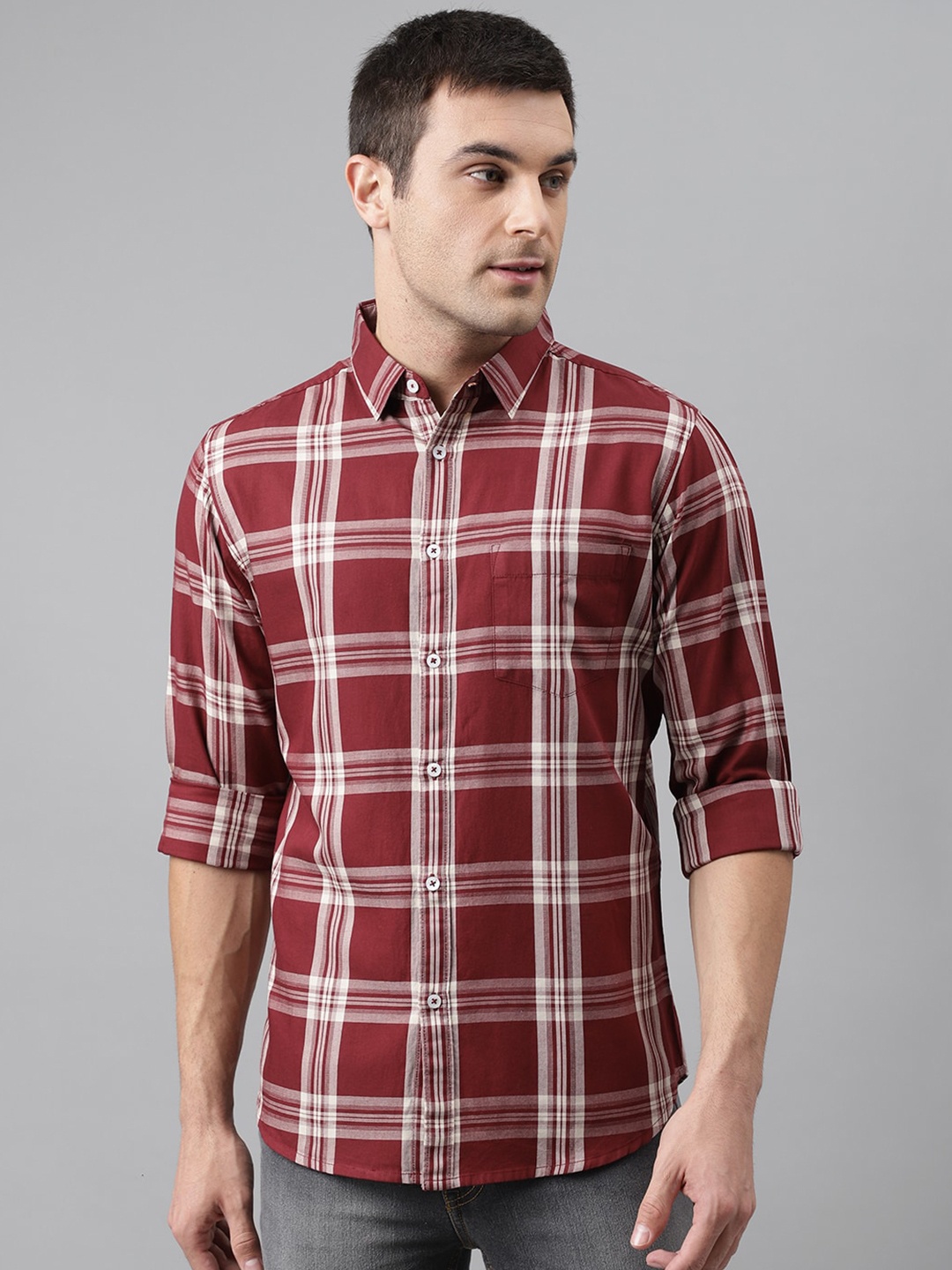 

Dennis Lingo Men Maroon & White Comfort Slim Fit Checked Pure Cotton Casual Shirt