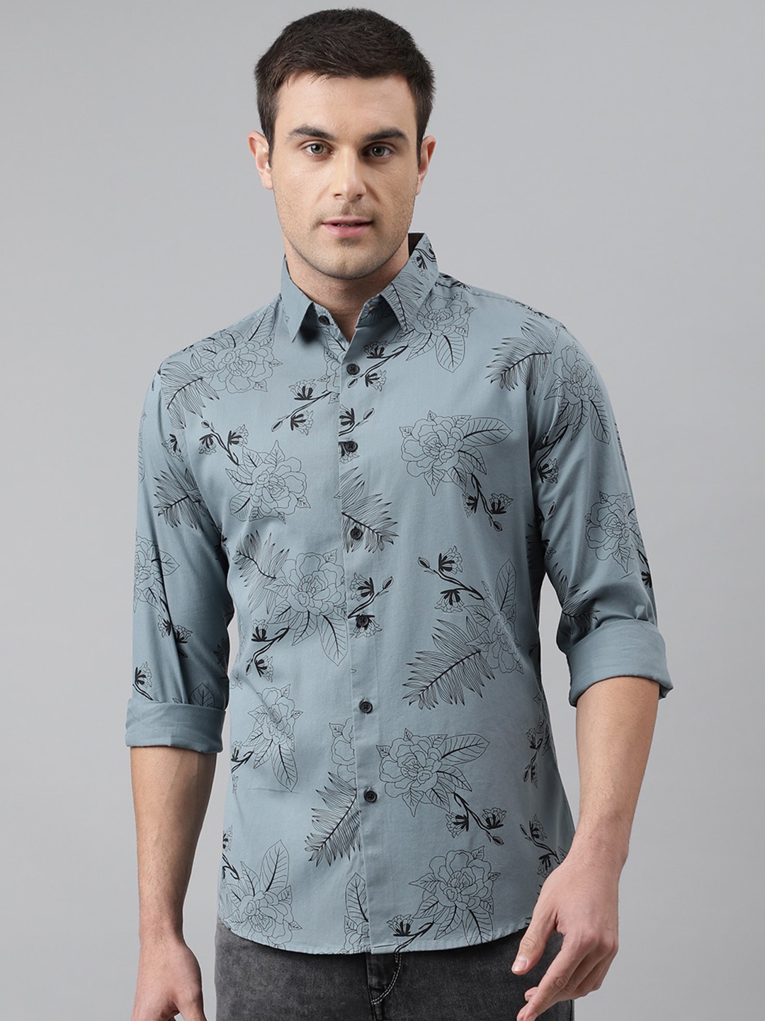 

Dennis Lingo Men Grey & Black Comfort Slim Fit Printed Pure Cotton Casual Shirt