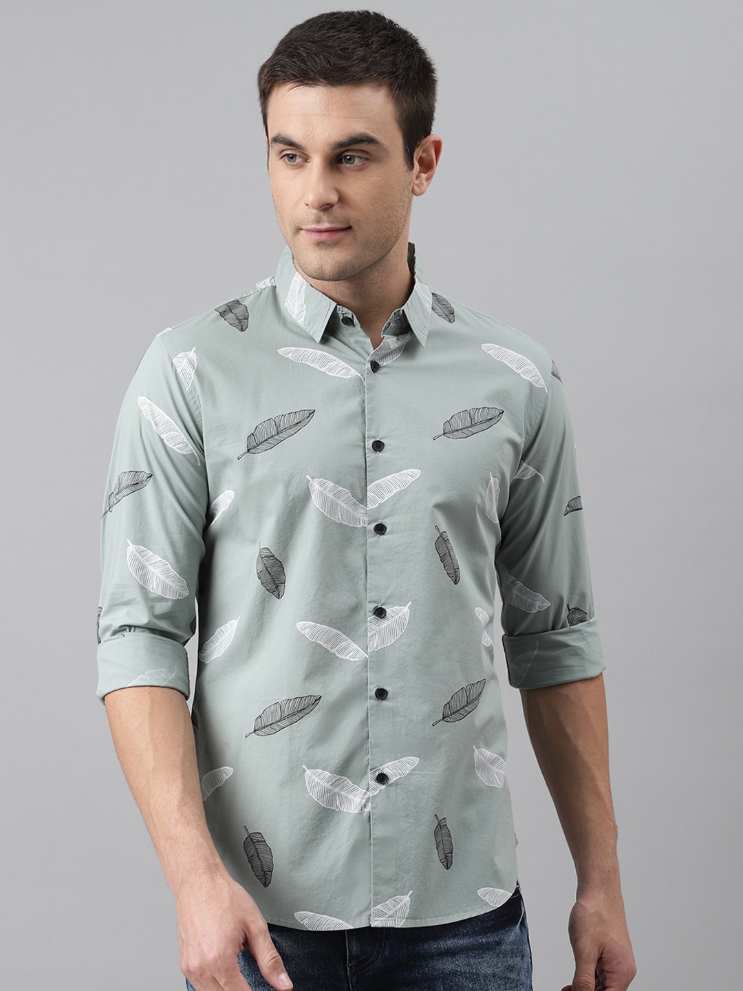 

Dennis Lingo Men Green & White Comfort Slim Fit Printed Pure Cotton Casual Shirt