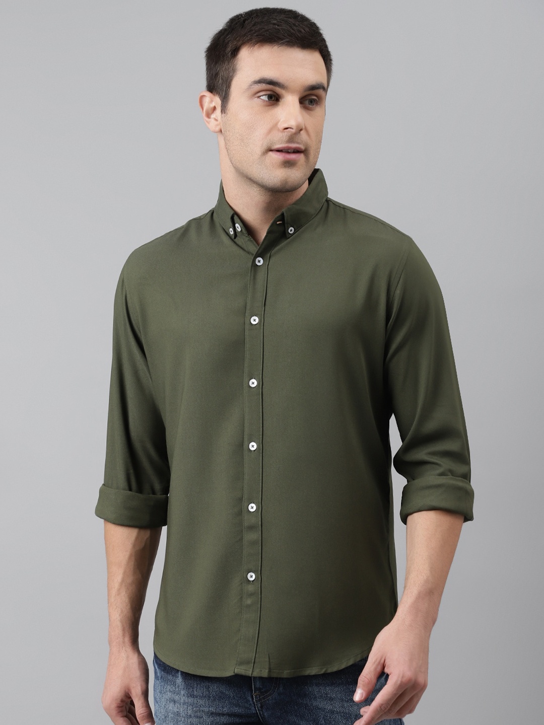 

Dennis Lingo Men Olive Green Comfort Slim Fit Casual Shirt