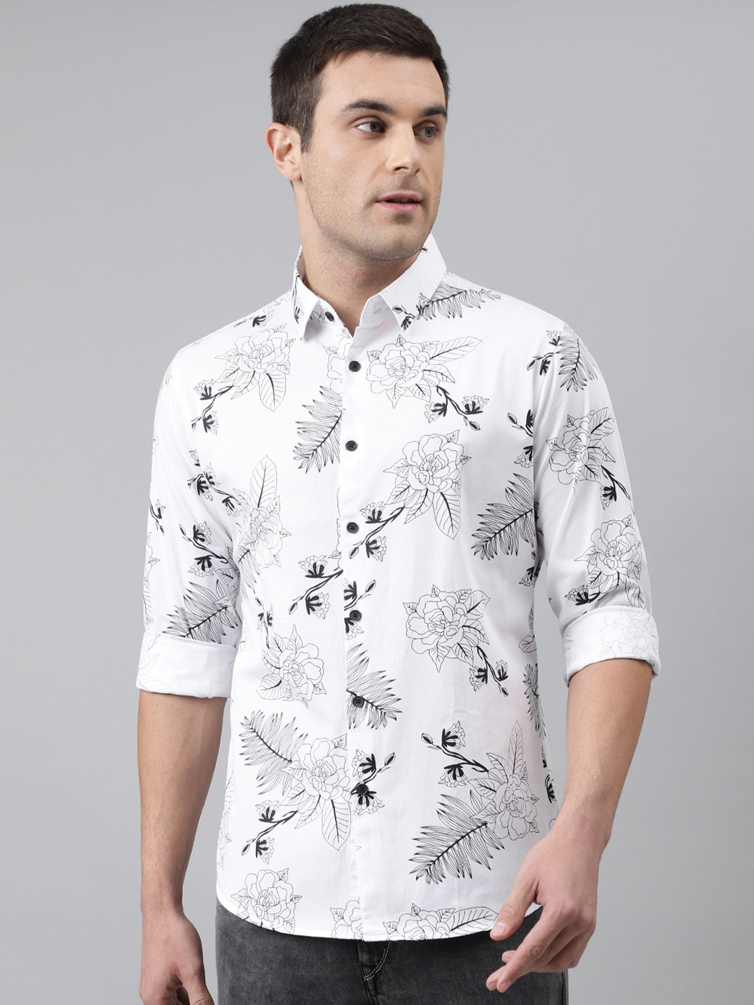 

Dennis Lingo Men White Comfort Slim Fit Floral Printed Casual Shirt