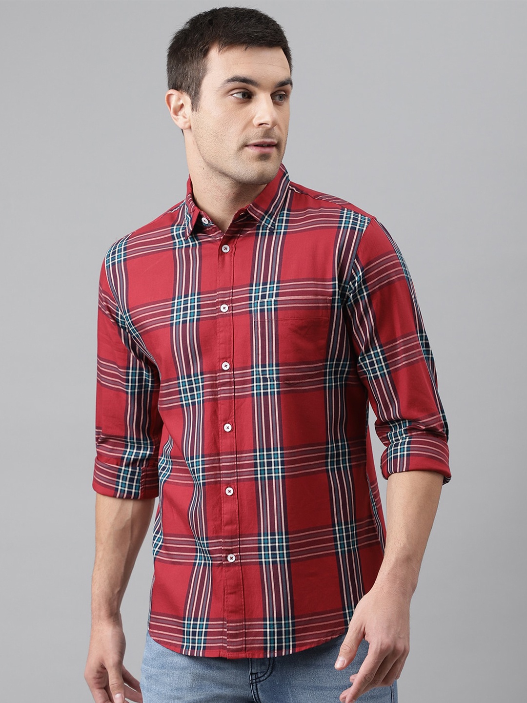 

Dennis Lingo Men Red Comfort Slim Fit Tartan Checked Casual Shirt
