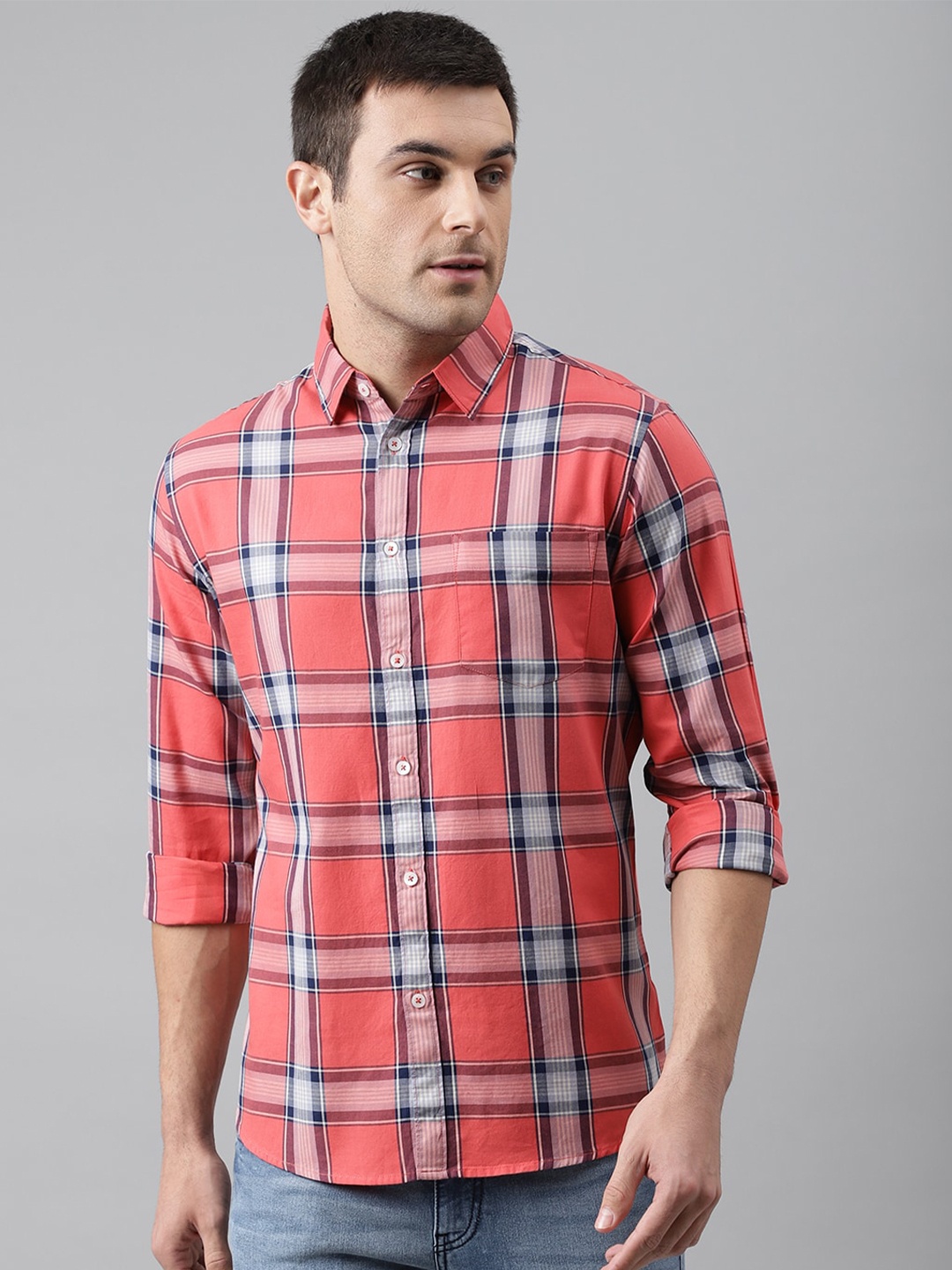 

Dennis Lingo Men Coral Comfort Slim Fit Tartan Checked Casual Shirt