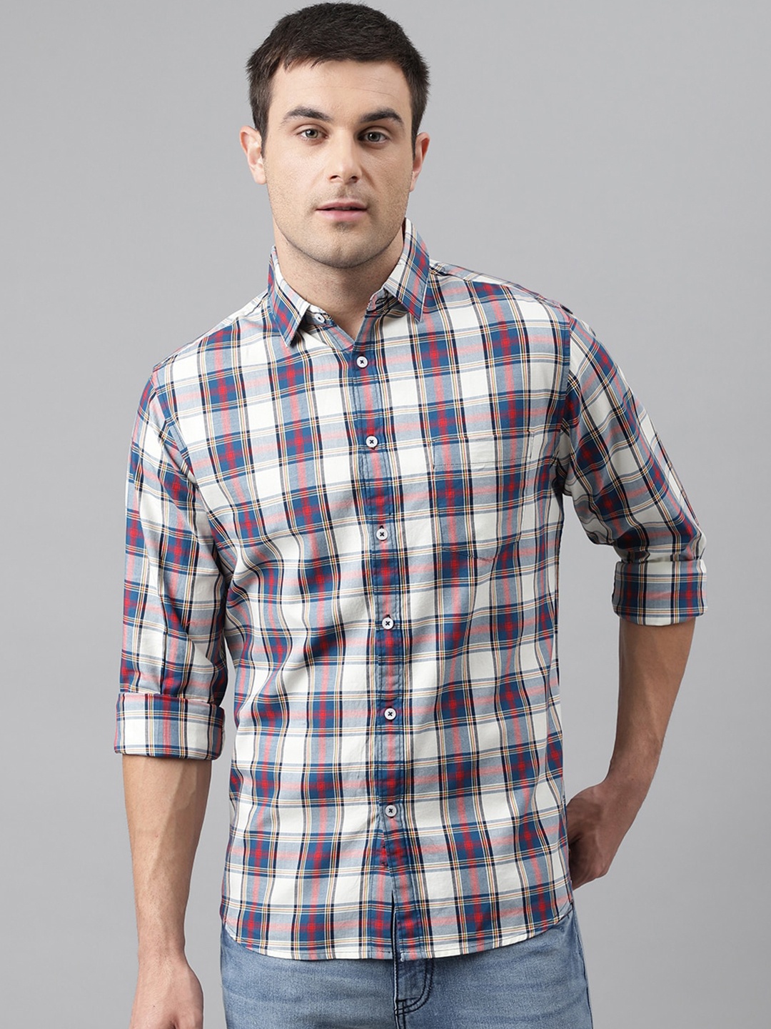 

Dennis Lingo Men Cream-Coloured & Blue Comfort Slim Fit Tartan Checked Casual Shirt