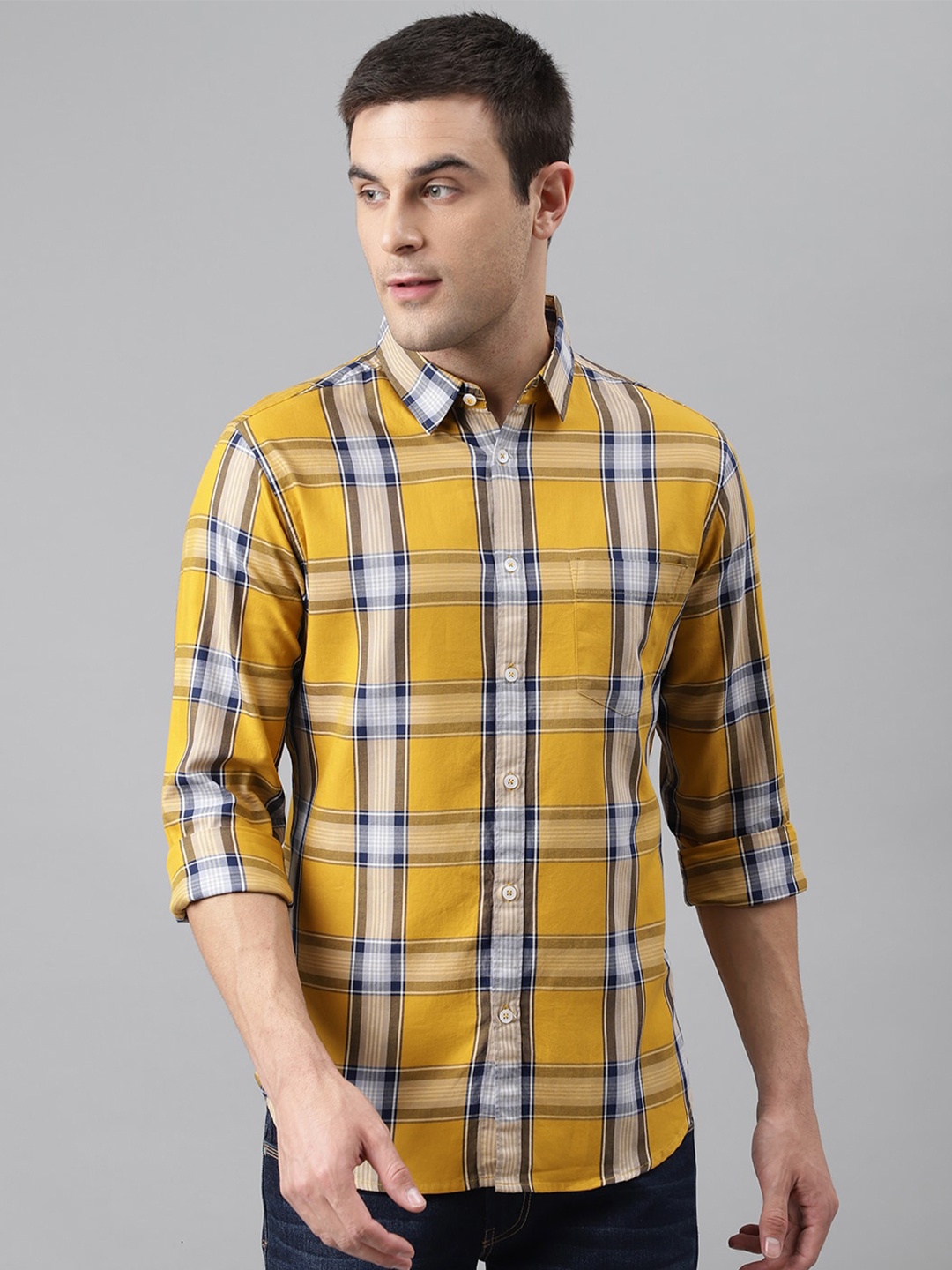 

Dennis Lingo Men Yellow & Blue Comfort Slim Fit Checked Pure Cotton Casual Shirt