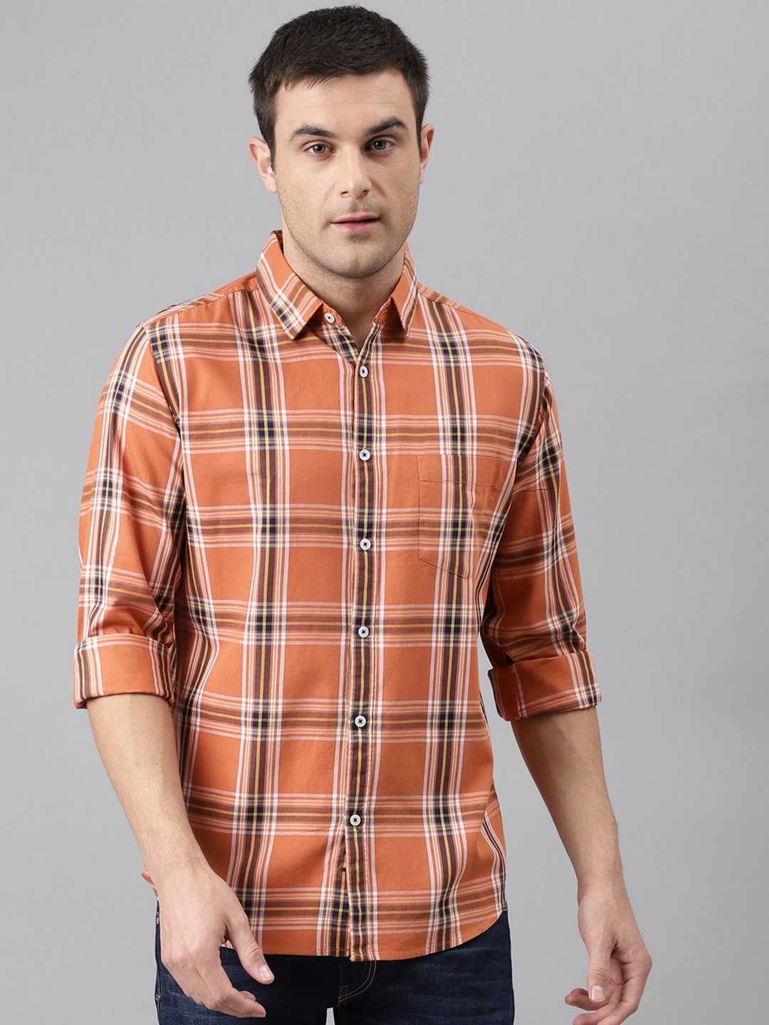 

Dennis Lingo Men Rust Comfort Slim Fit Tartan Checked Casual Shirt