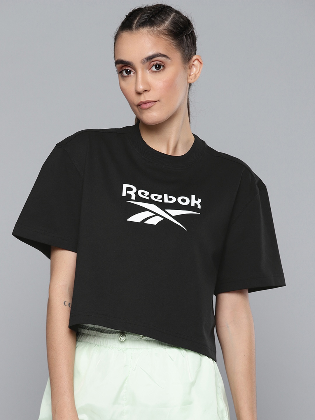 

Reebok Classic Women Black & White PF Big Logo Cropped T-shirt