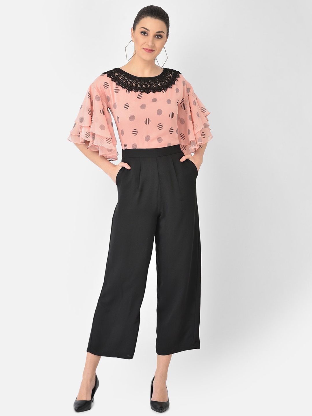 

Eavan Peach-Coloured & Black Printed Basic Jumpsuit