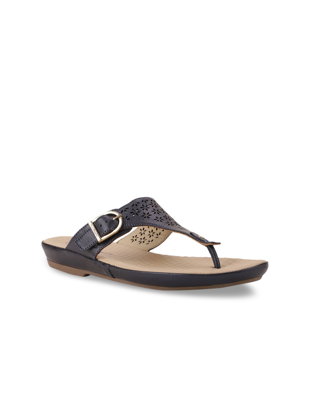 

Hush Puppies Women Navy Blue Leather T-Strap Flats