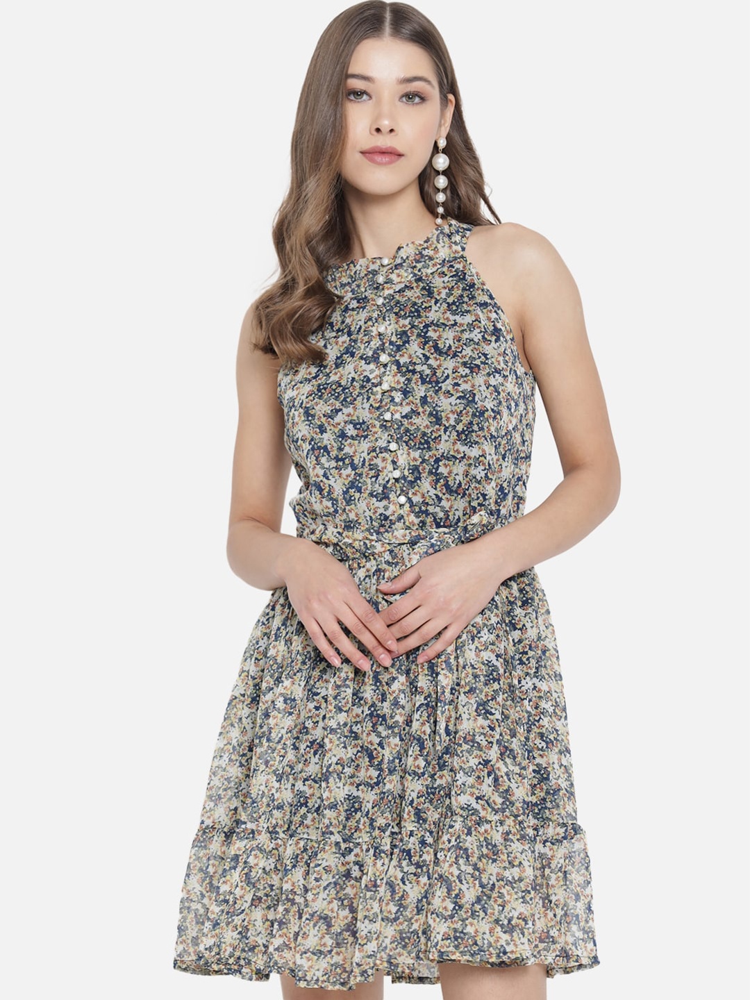 

Trend Arrest Women White & Blue Halter Neck Floral Belted Georgette Dress