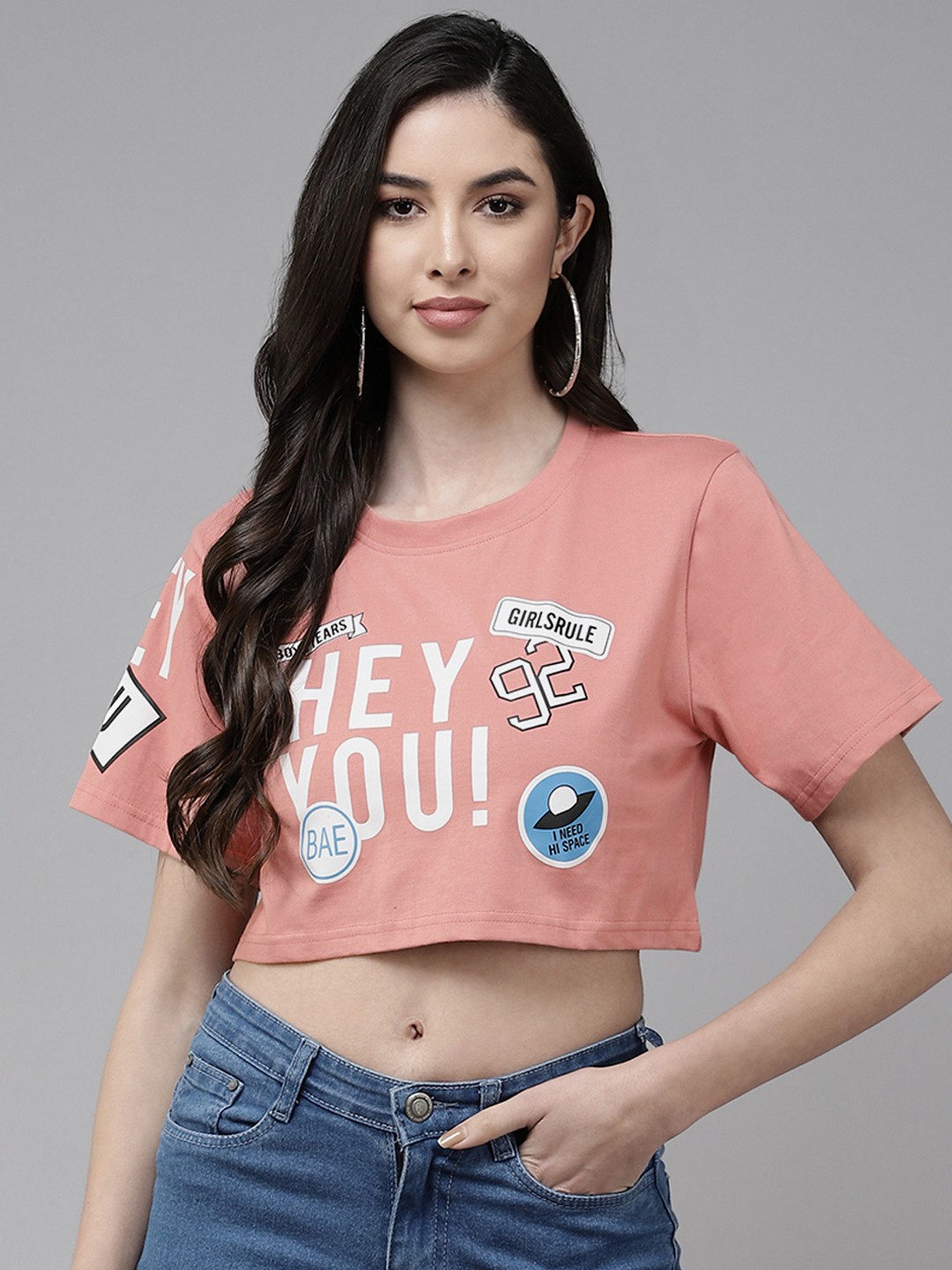 

The Dry State Women Rose & White Printed Boxy Crop T-shirt