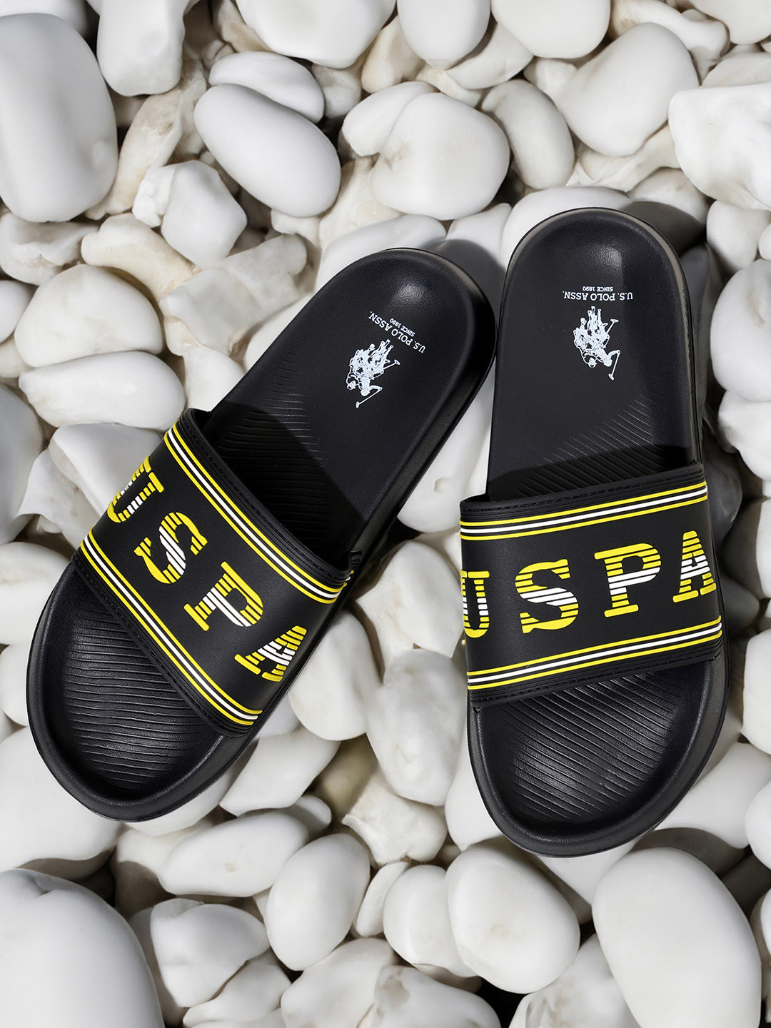 

U.S. Polo Assn. Men Black & Yellow Printed Sliders