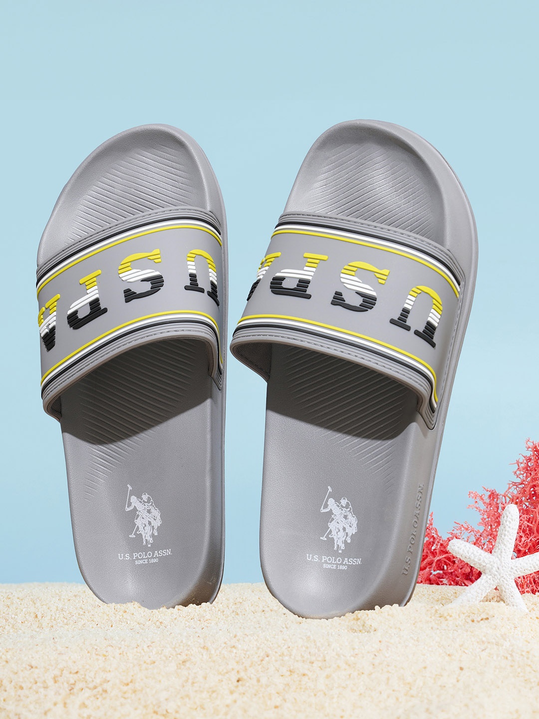 

U S Polo Assn Men Grey & Yellow Printed Sliders