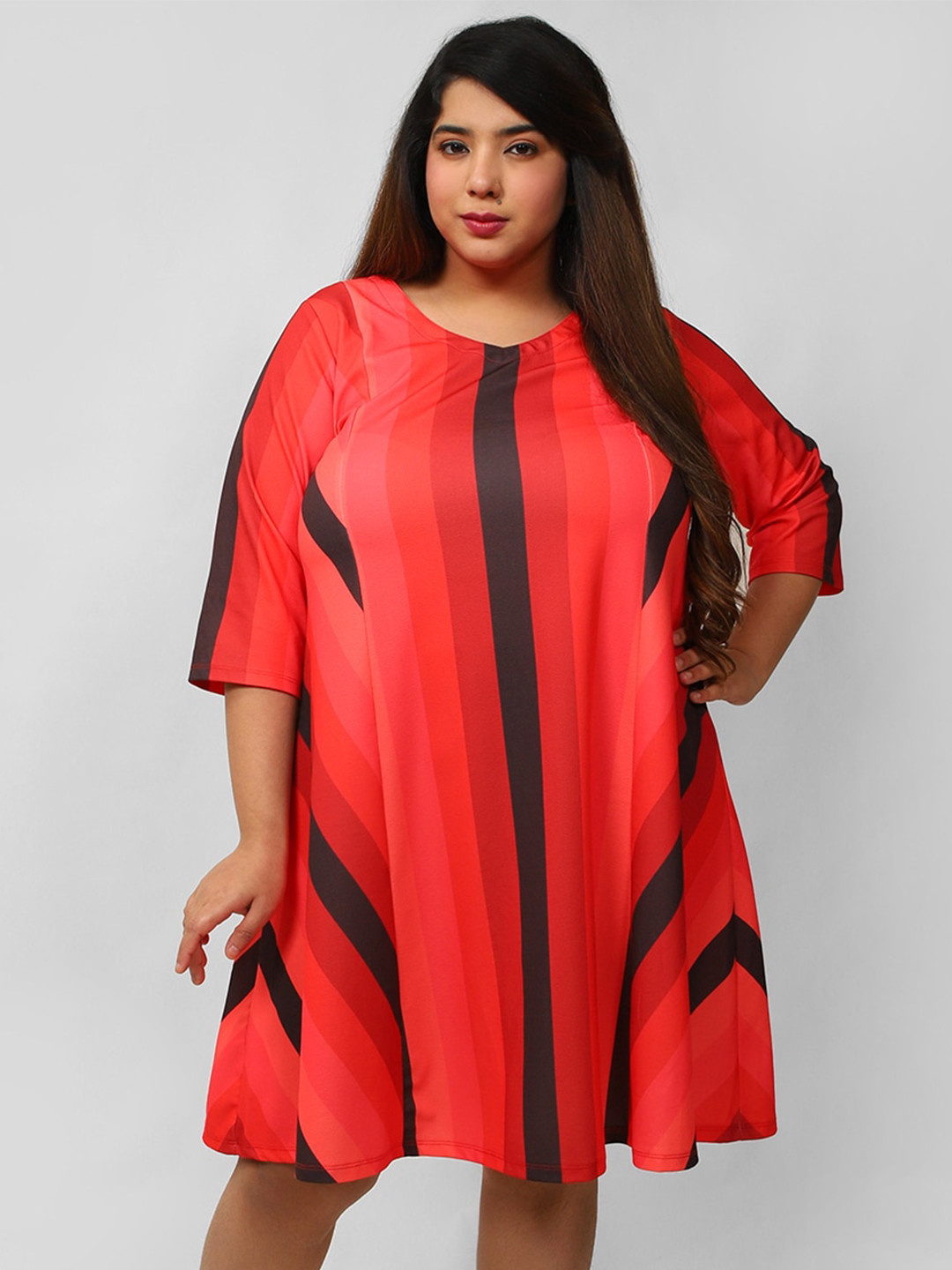 

Amydus Women Plus Size Black & Red Striped A-Line Dress