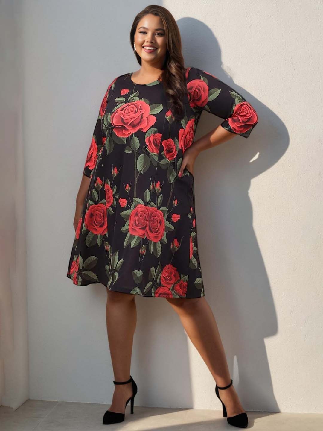 

Amydus Women Plus Size Black & Red Floral A-Line Dress