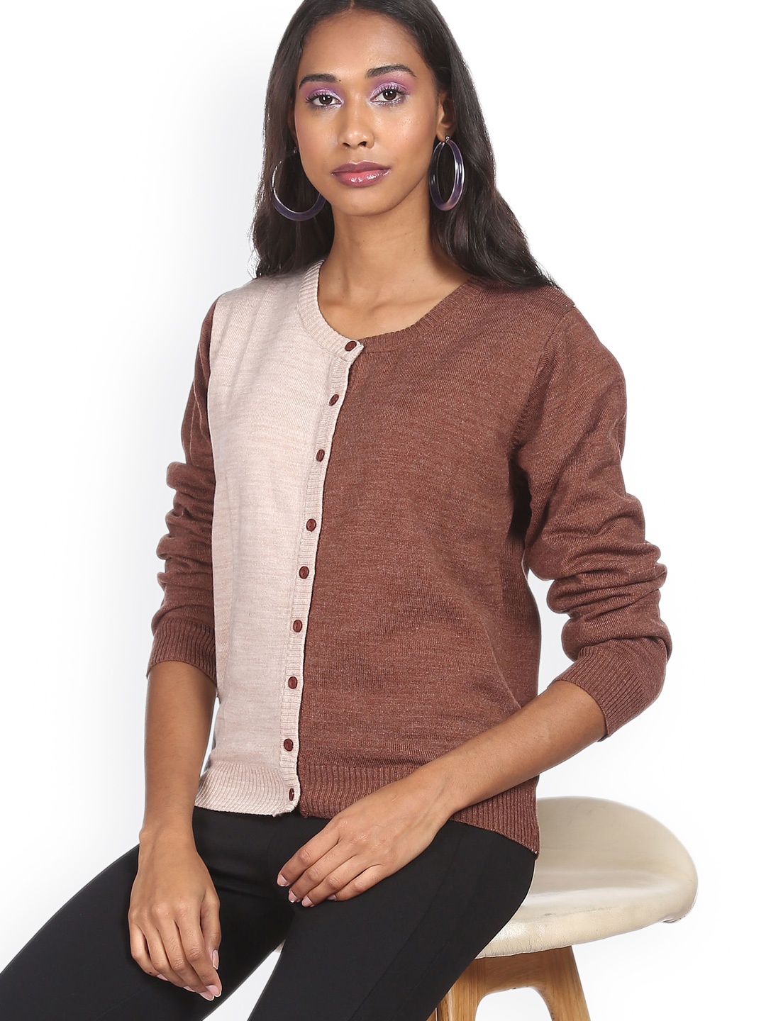 

Sugr Women Beige & Brown Colourblocked Cardigan Sweater