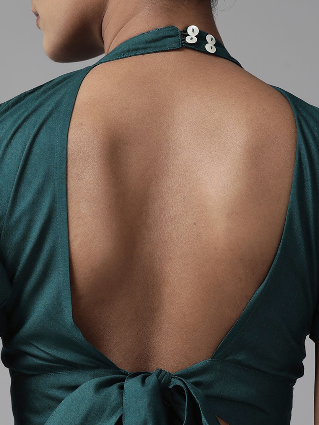 

The Dry State Teal Solid Mandarin Collar Crop Top with Styled Back