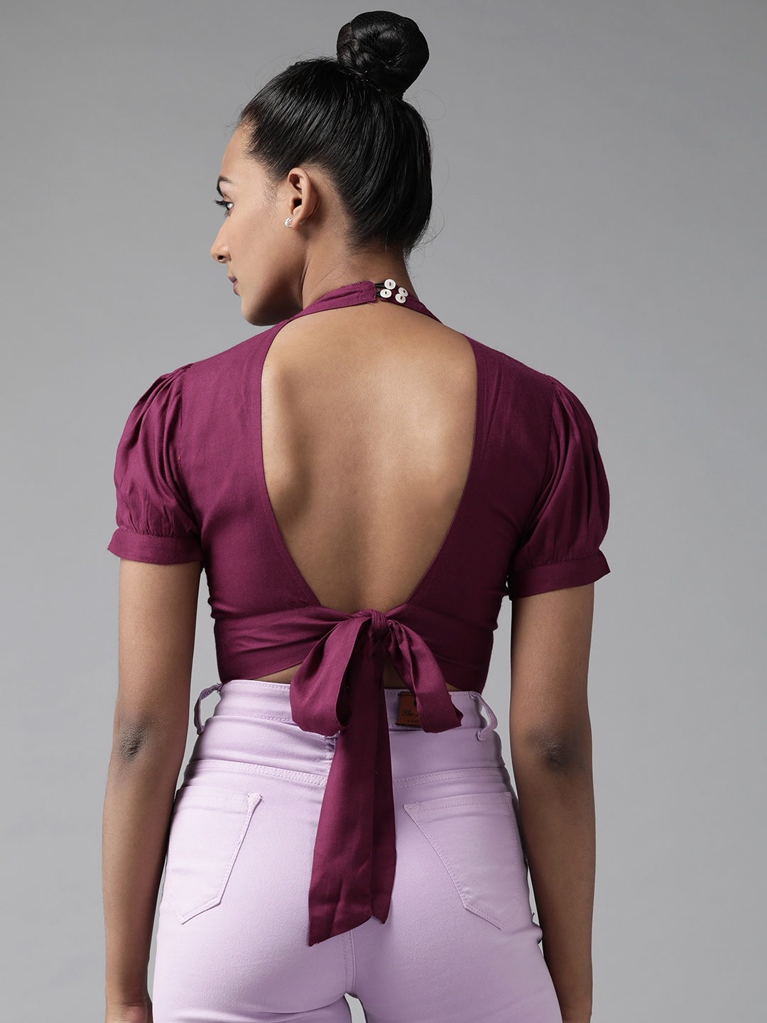 

The Dry State Burgundy Mandarin Collar Blouson Crop Top with Styled Back