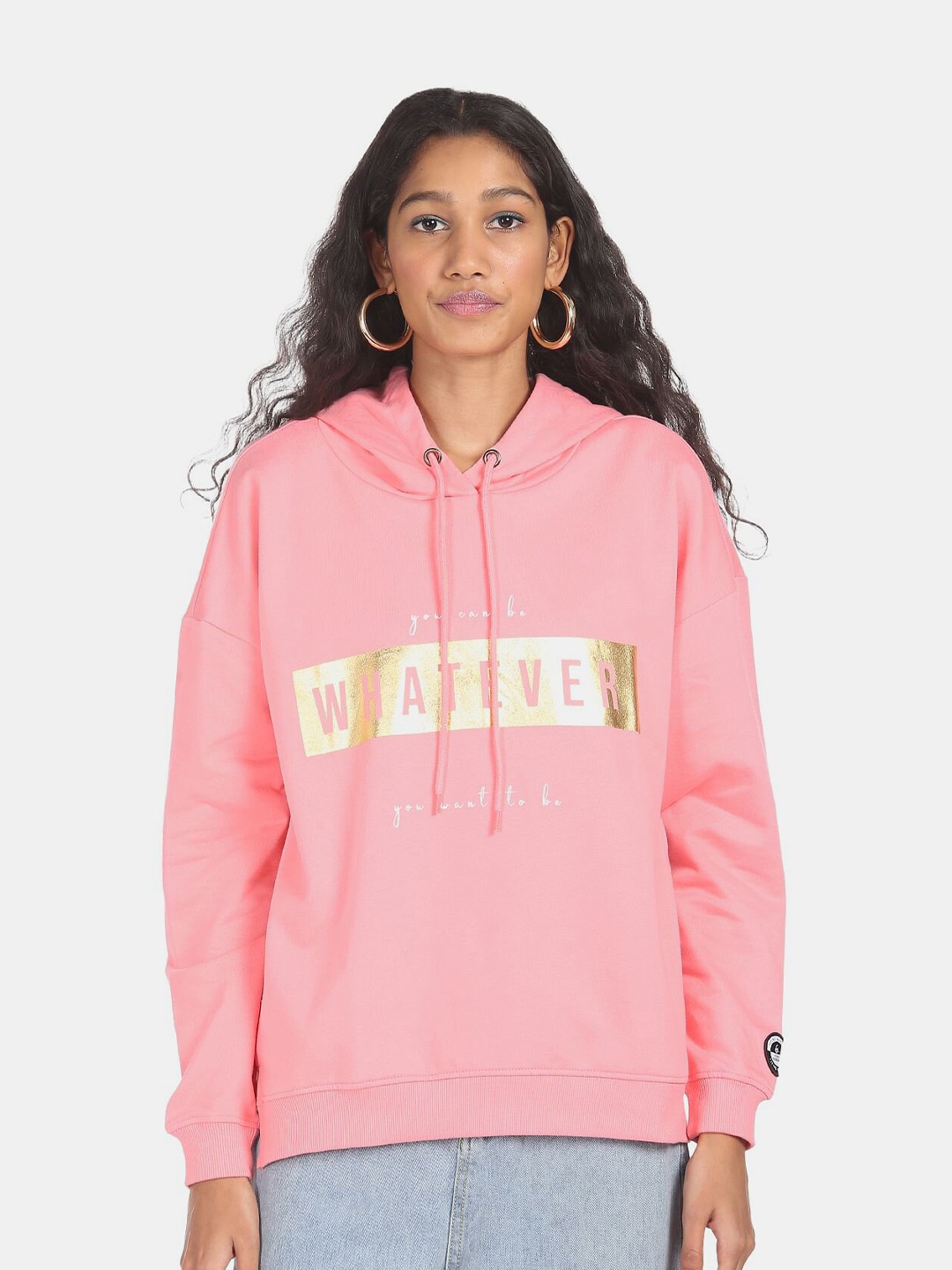 

Flying Machine Women Pink Cotton Printed Hooded Sweatshirt