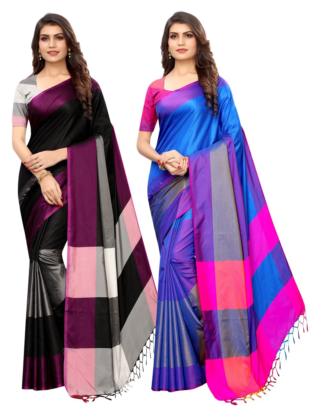 

KALINI Black & Blue Pack of 2 Woven Stripe Poly Silk Saree Combo
