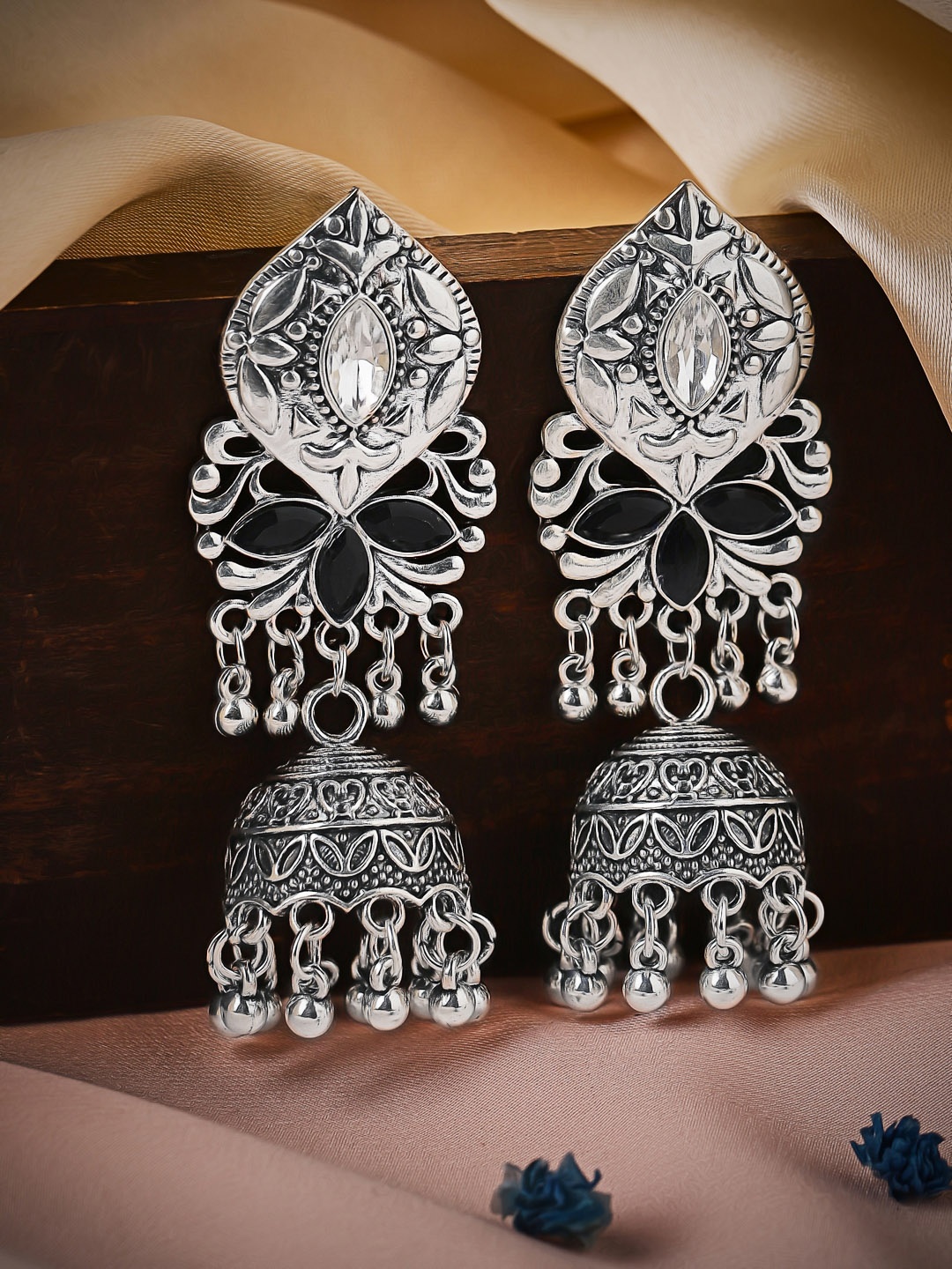 

Rubans Silver-Plated Black Stone Studded Handcrafted Dome Shaped Jhumkas Earrings