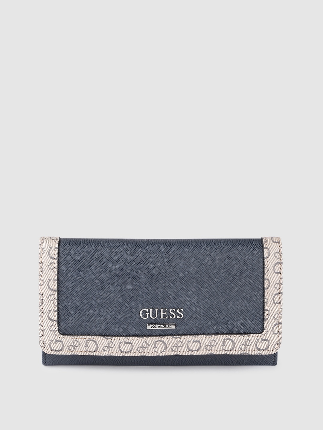 

GUESS Women Navy Blue & Cream-Coloured Saffiano Textured Three Fold Wallet