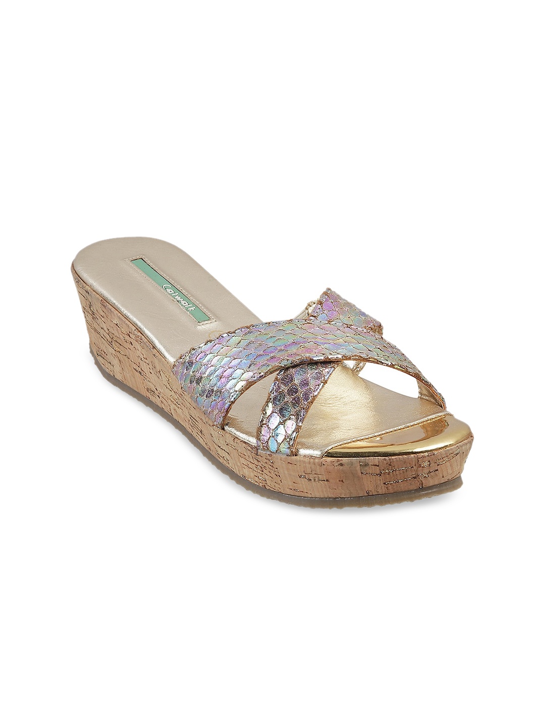 

Catwalk Gold-Toned & Multicoloured Self Design Wedge Sandals