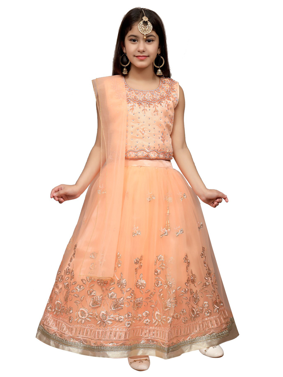 

SKY HEIGHTS Girls Peach & Gold Embellished Beads and Stones Ready to Wear Lehenga Choli