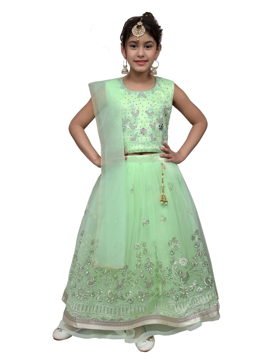 

SKY HEIGHTS Girls Green Embellished Ready to Wear Lehenga & Blouse With Dupatta