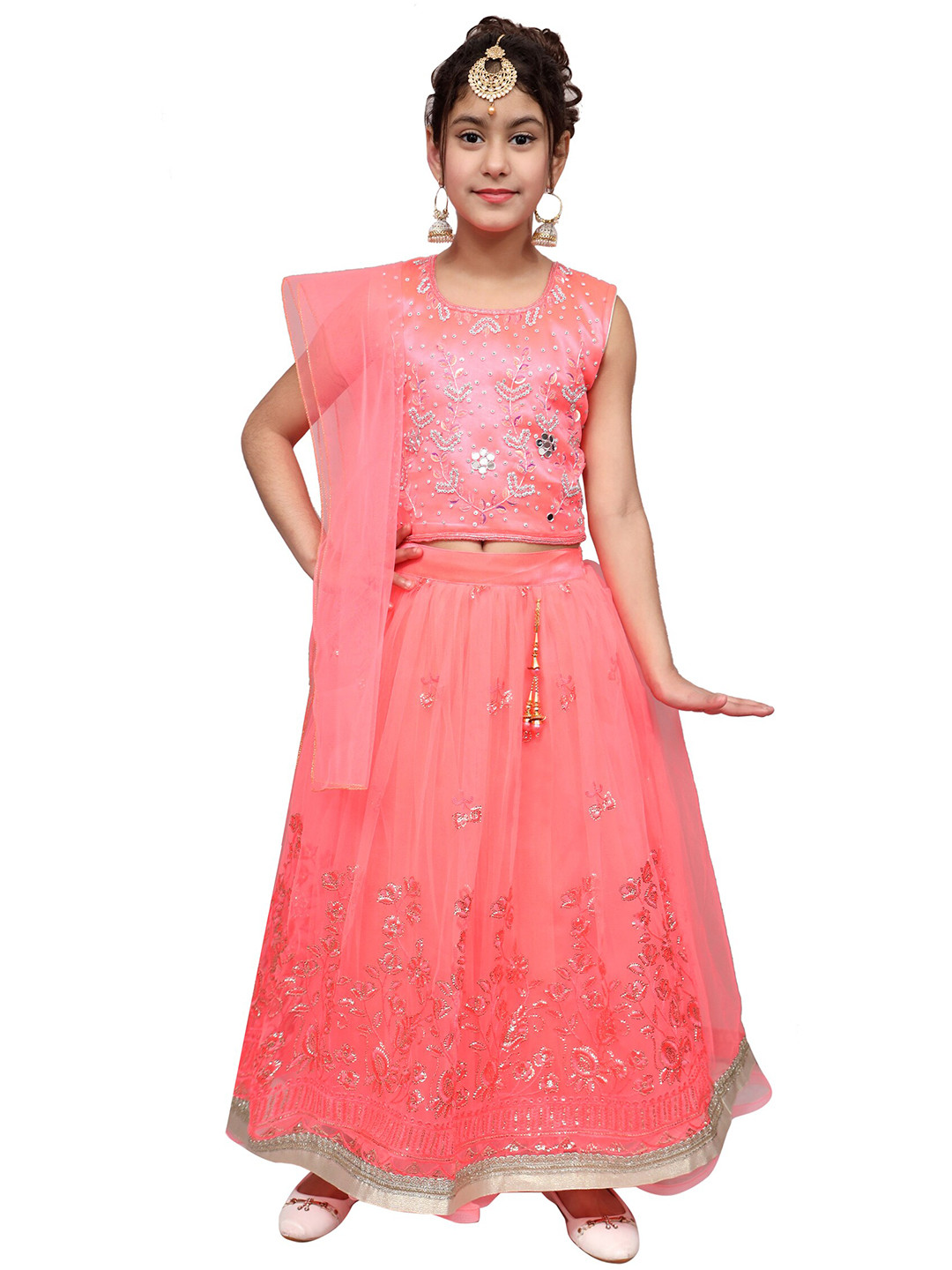 

SKY HEIGHTS Girls Pink & Gold-Toned Embellished Lehenga & Blouse With Dupatta