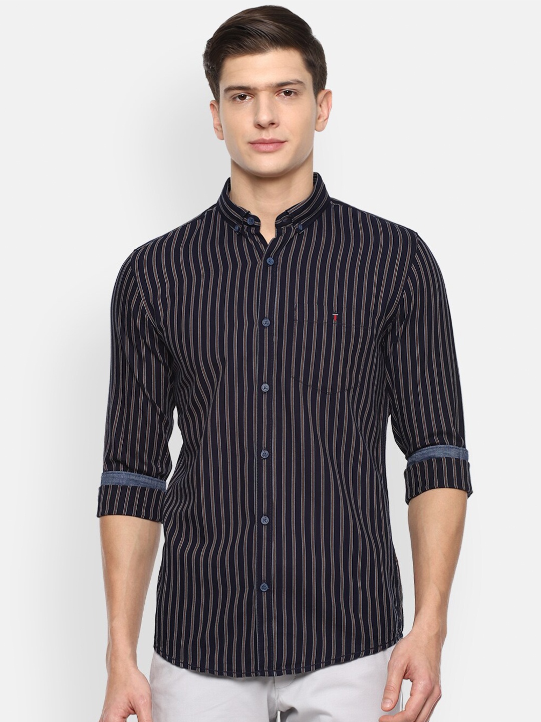 

Louis Philippe Jeans Men Navy Blue Cotton Slim Fit Striped Casual Shirt