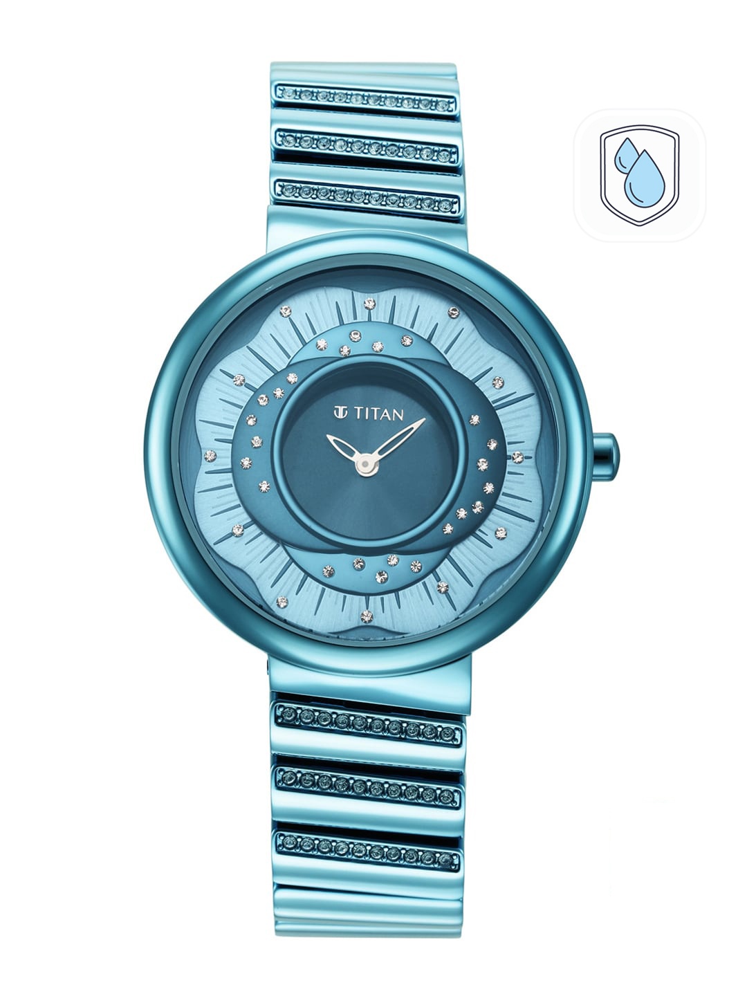 

Titan Women Blue Embellished Dial & Blue Stainless Steel Bracelet Style Straps Analogue Watch 95160QM01