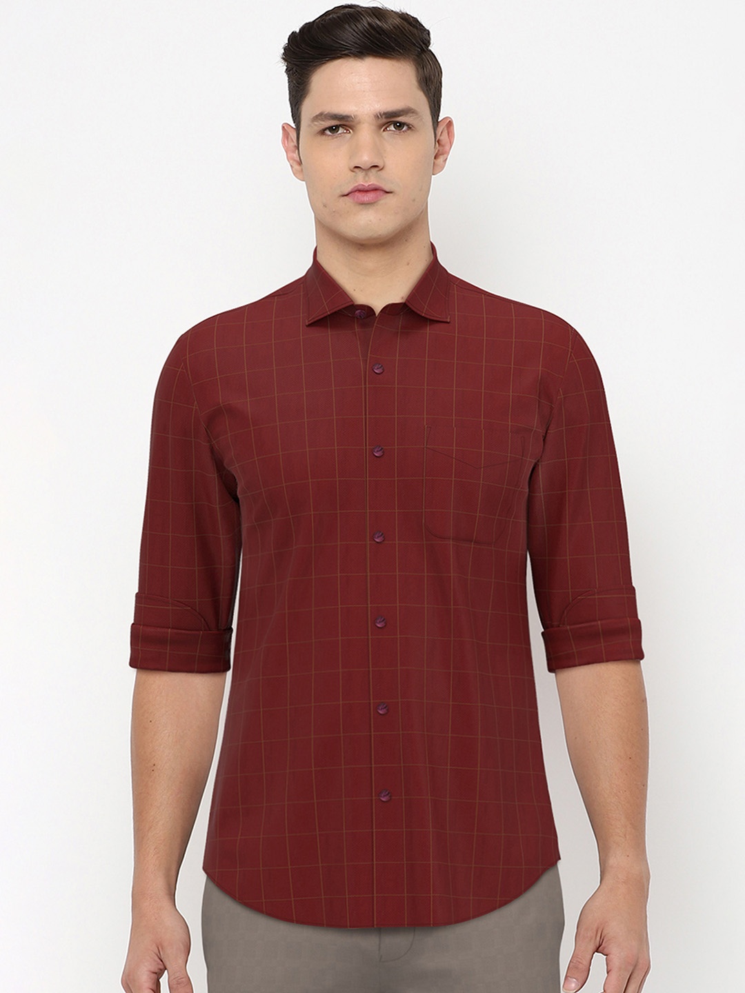 

Peter England Elite Men Maroon Cotton Slim Fit Windowpane Checks Checked Formal Shirt