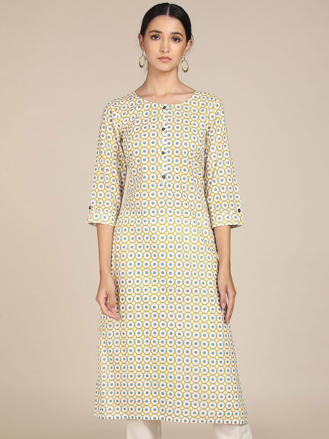 Karigari Women White & Yellow Ethnic Motifs Printed Cotton Kurta
