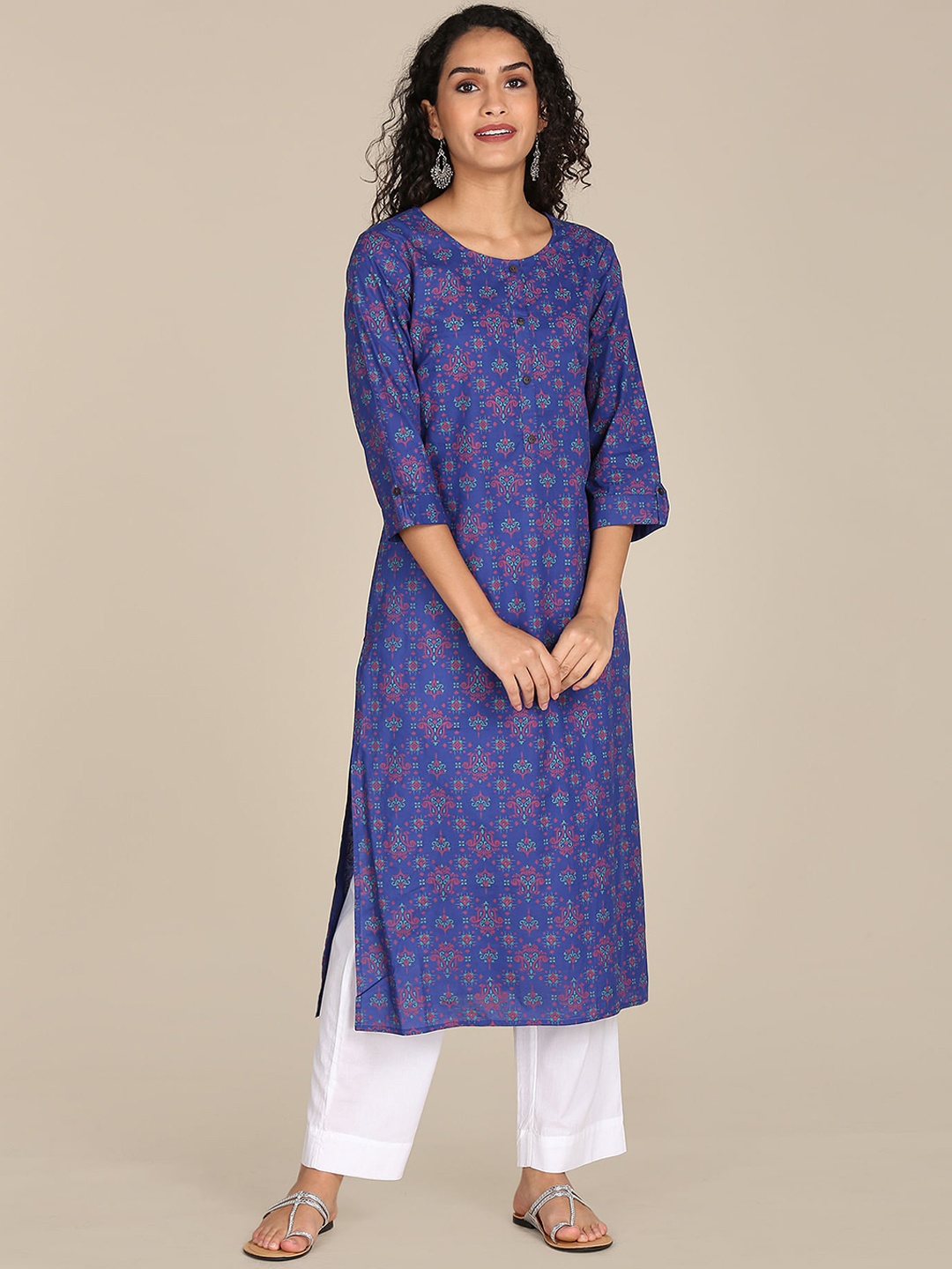 

Karigari Women Blue & Pink Ethnic Motifs Printed Cotton Kurta