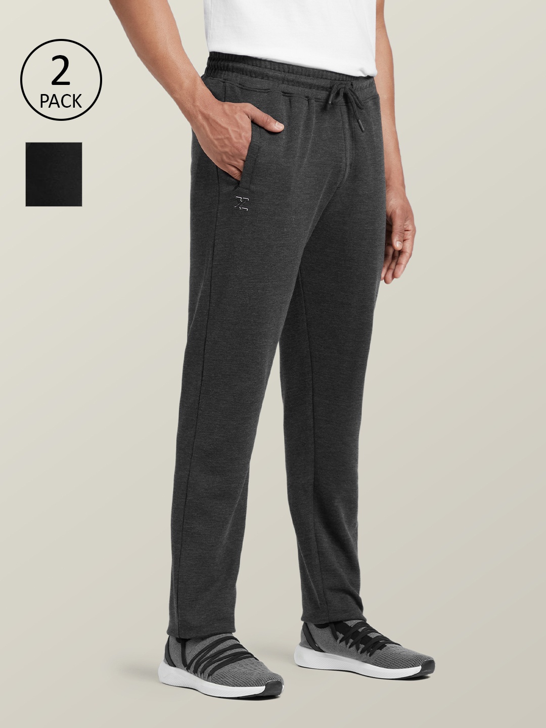 

XYXX Men Pack Of 2 Black & Grey Solid Cotton Regular Fit Trackpants