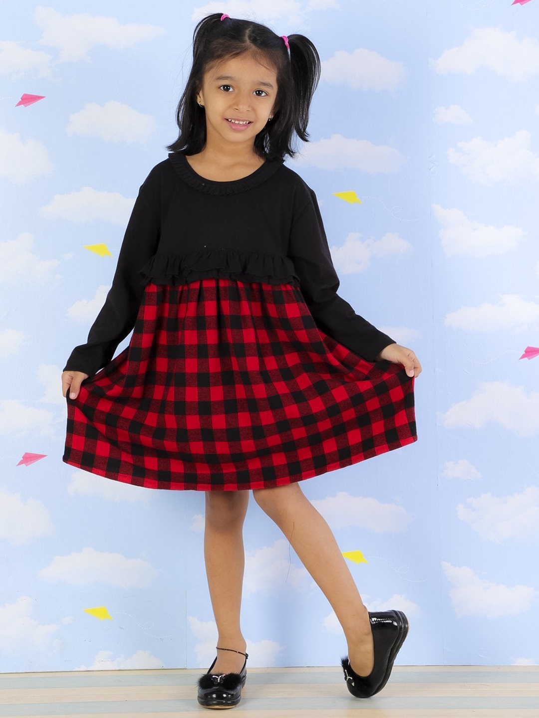 

The Mom Store Girls Black Checked Dress