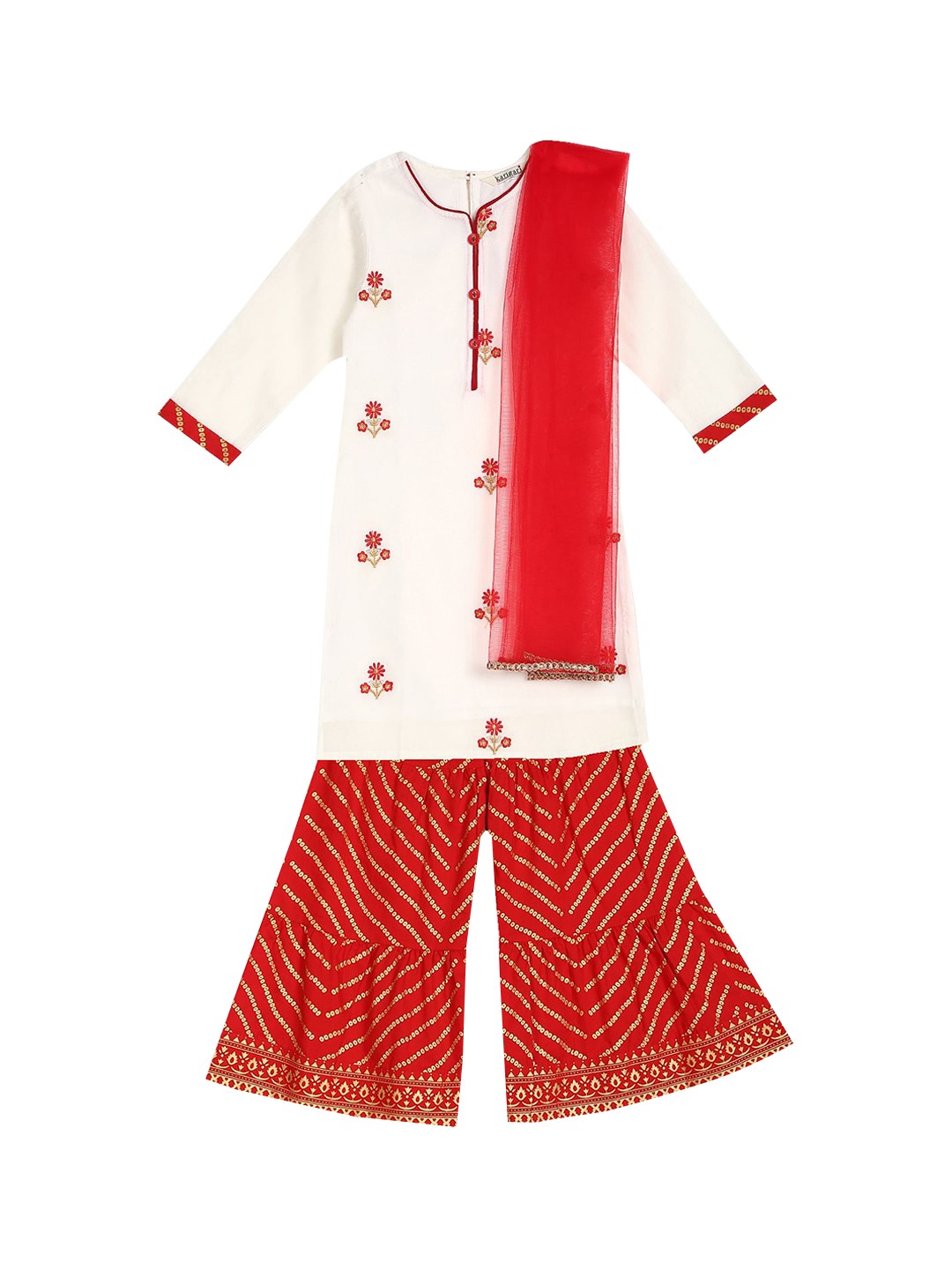 

Karigari Girls Off White & Red Embroidered Kurti with Sharara